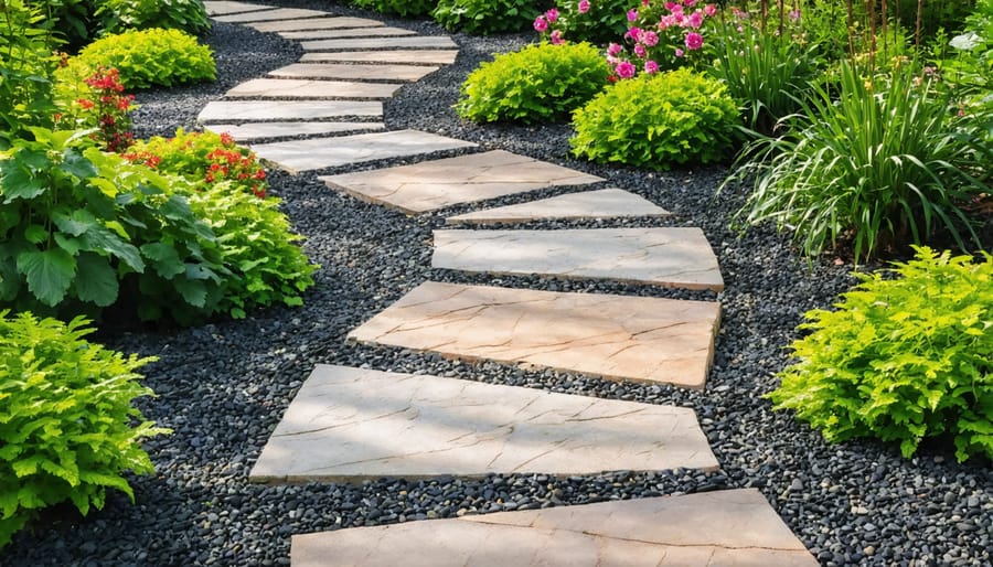 Curved garden path constructed with natural stone and gravel, flanked by flowering native plants
