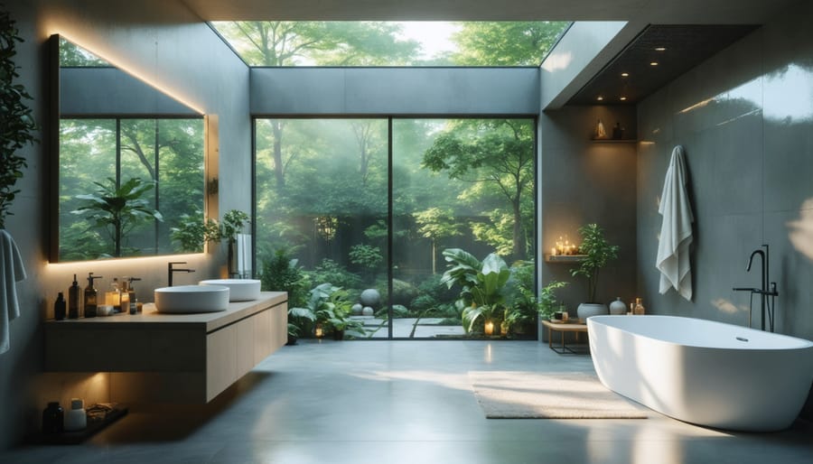 Bright bathroom interior with natural lighting through skylight and large window