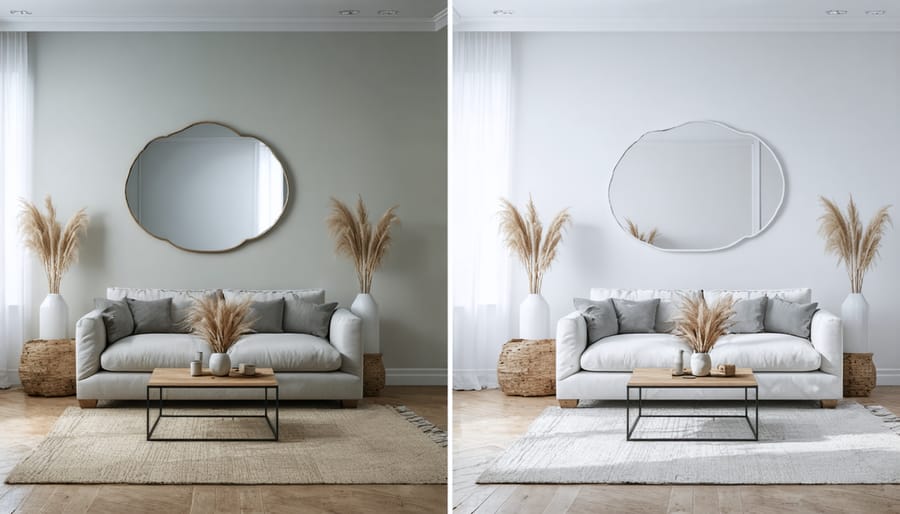 Split image comparing a dark room versus the same room brightened with natural light optimization techniques