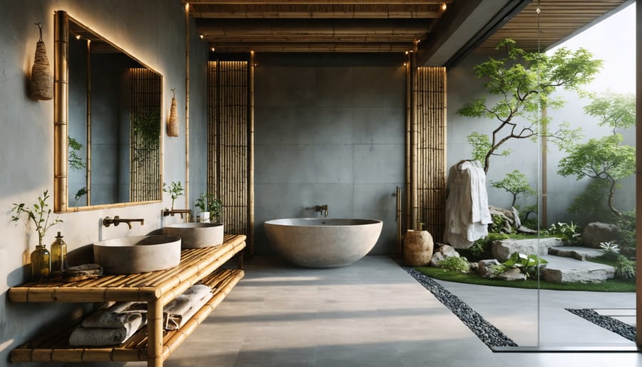 Modern bathroom with natural wood elements and stone fixtures showcasing organic design