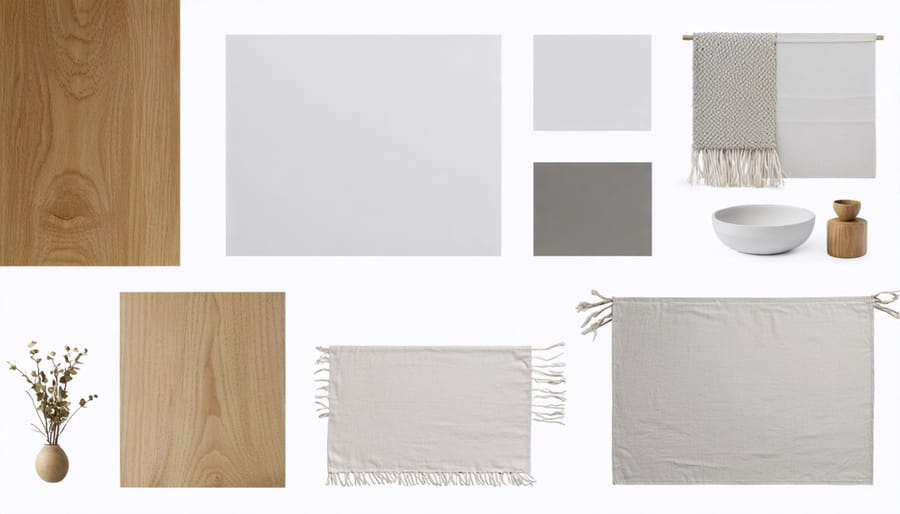 Collection of Scandinavian design materials including wood samples, fabric swatches, and color chips