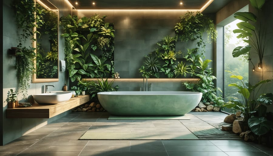 Organic bathroom design with green wall and natural color scheme