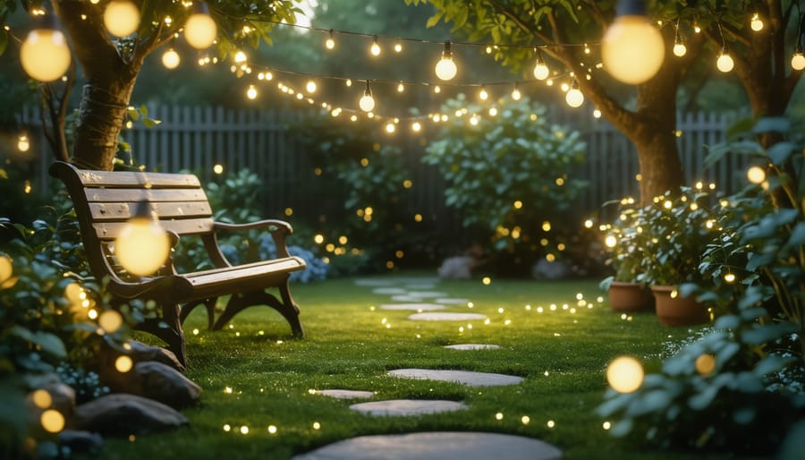 Garden pathway illuminated by hanging string lights and lanterns