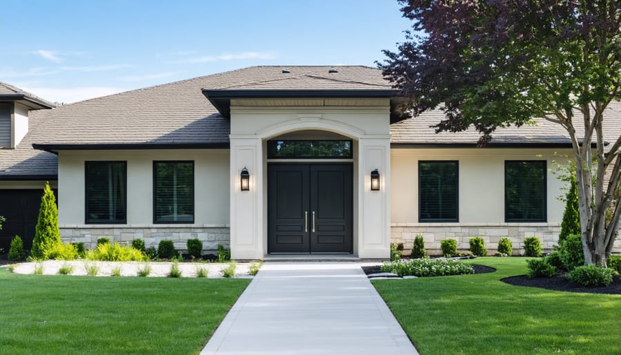 Modern ranch house entrance featuring large front door and covered portico