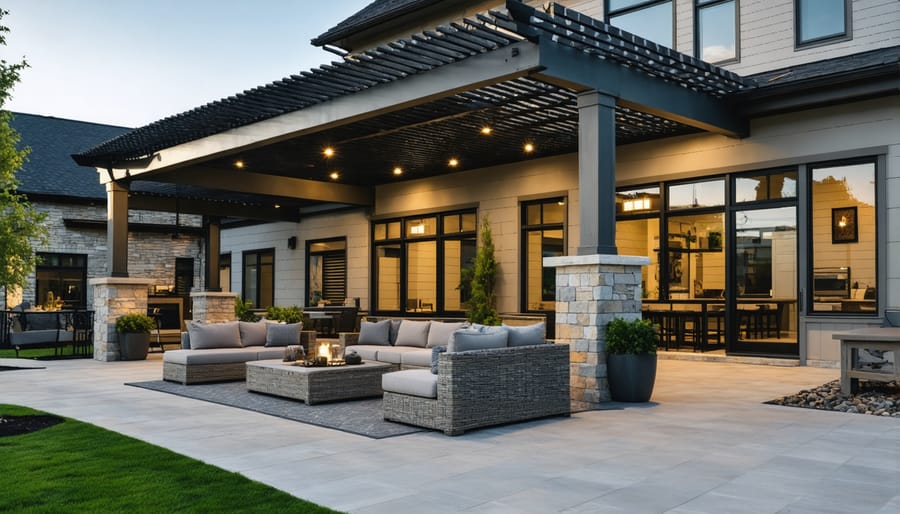 Contemporary outdoor living space with pergola attached to ranch house