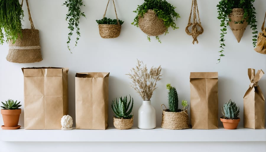 Transformed packaging materials showcased as decorative home items including planters and storage solutions