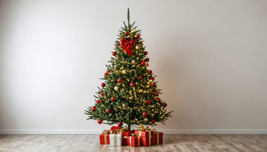 Safely decorated Christmas tree positioned away from fireplace and radiators, with UL-listed lights