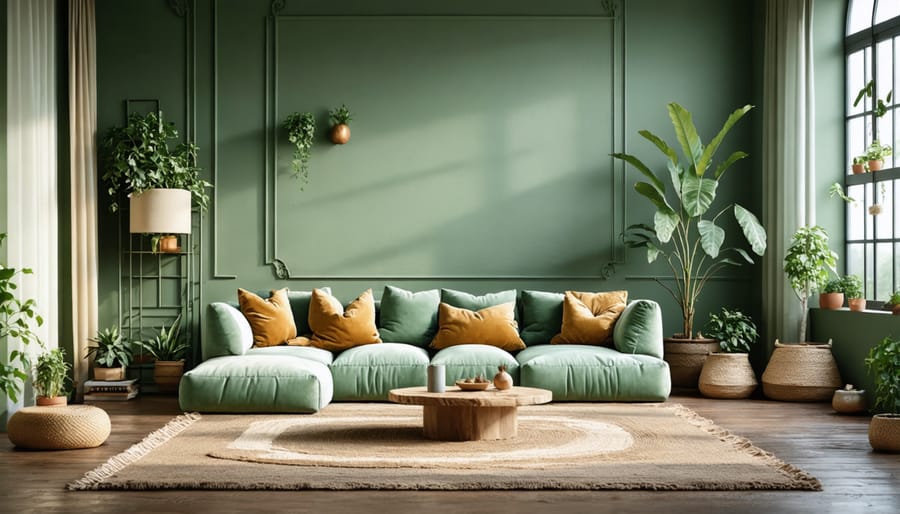 Contemporary living space with sage green accent wall, beige sofa, and natural wood elements