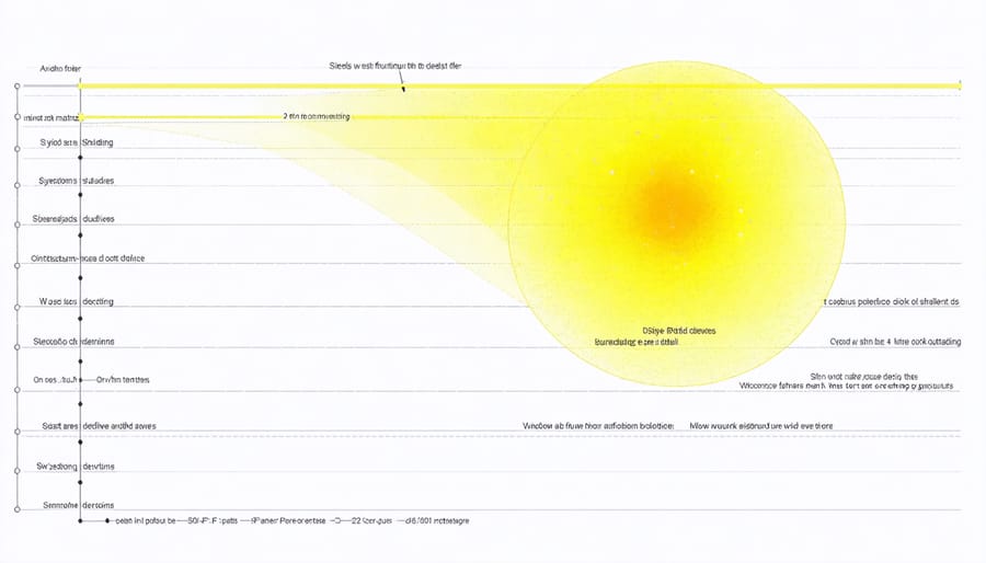 Technical illustration of sun angles across seasons with window placement and shading solutions