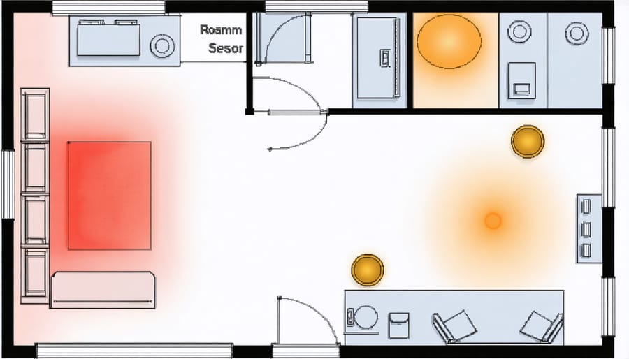 Floor plan showing recommended temperature sensor locations with coverage areas highlighted