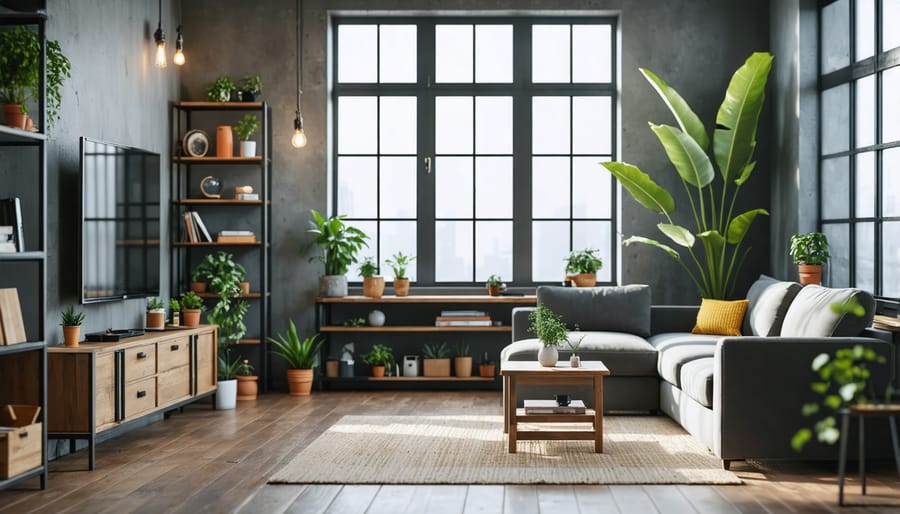 Compact living space with industrial design elements and efficient layout