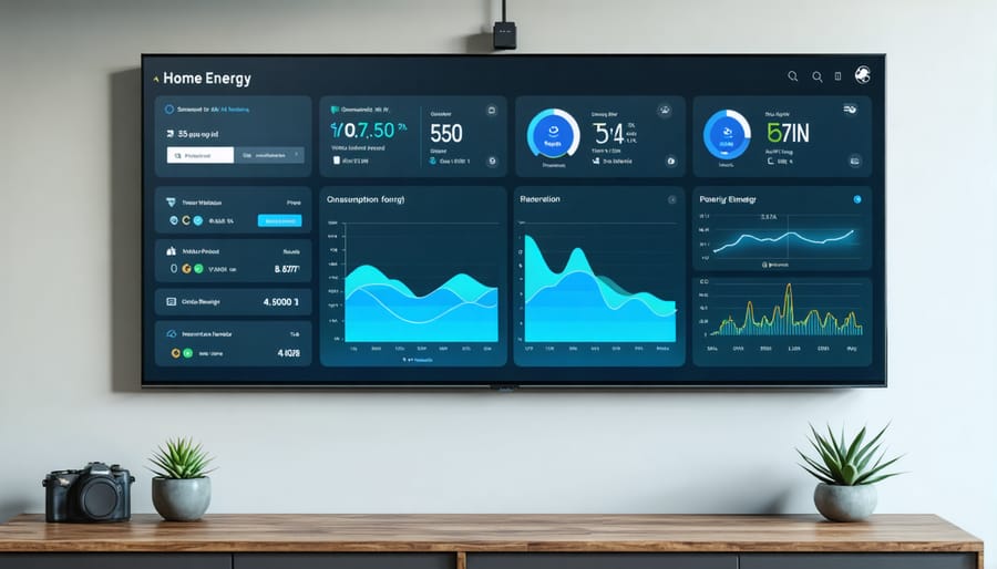 Digital interface displaying home energy monitoring system with various energy metrics and controls