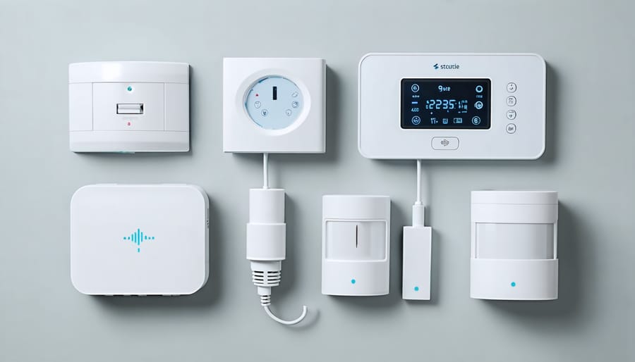 Core components of a smart home energy monitoring system including smart meter, sensors and central hub