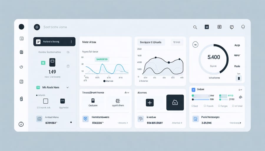 Digital interface displaying home security status alongside utility monitoring metrics