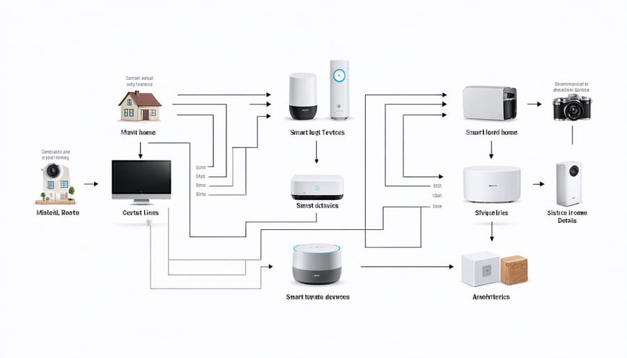 Infographic illustrating the connections between various smart home devices and central hub