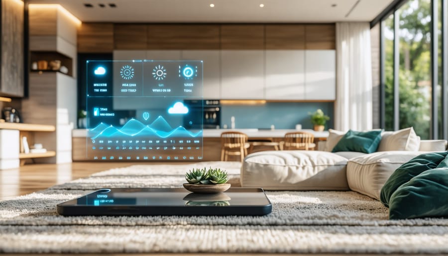 Smart home interface displaying weather station data and automated controls for HVAC and irrigation