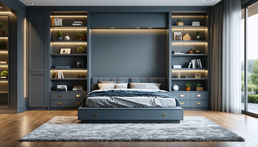 Smart murphy bed system with digital controls transforming from wall to bed position