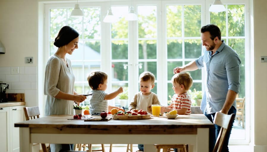 Family socializing in naturally lit open-concept kitchen and dining space