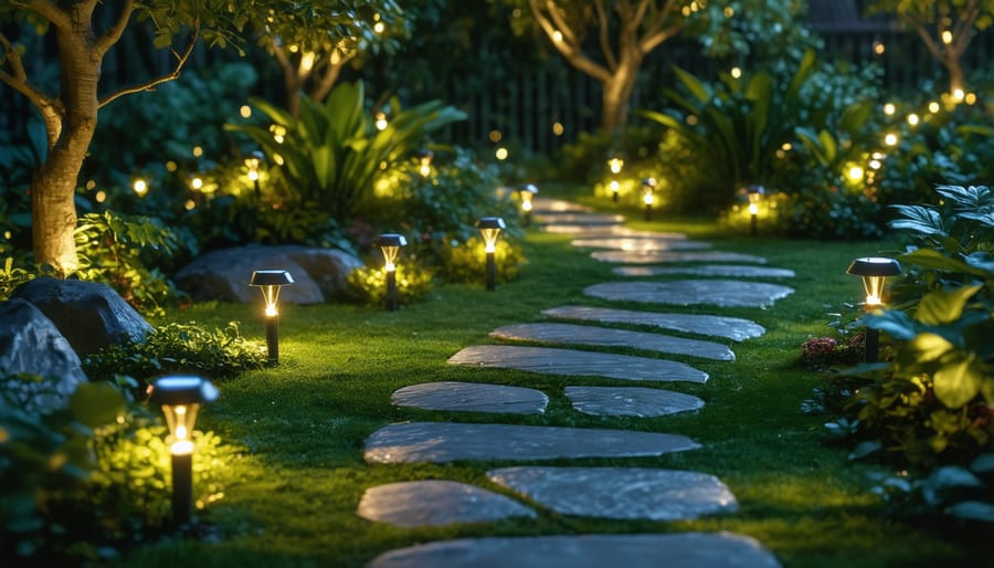 Garden pathway lit by solar-powered landscape lighting at dusk