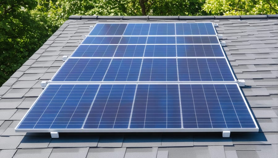 Detailed view of solar panel array installation on a residential roof with mounting hardware
