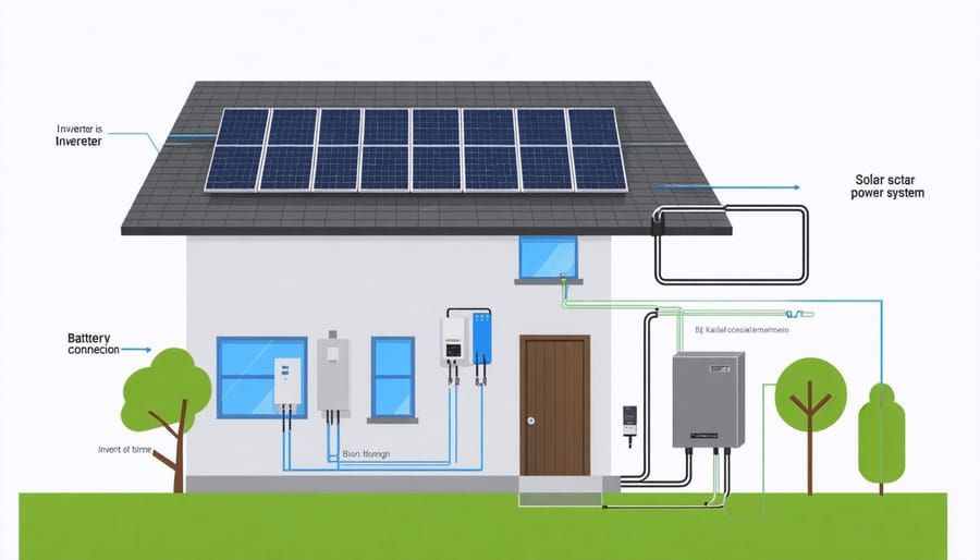 Labeled diagram of home solar power system components and their connections