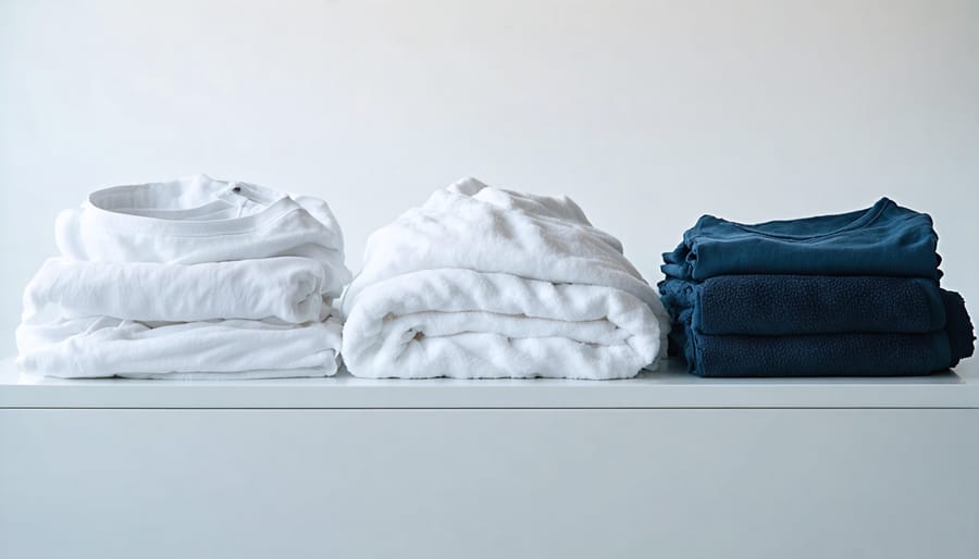 Three distinct piles of laundry sorted by color: whites, lights, and darks