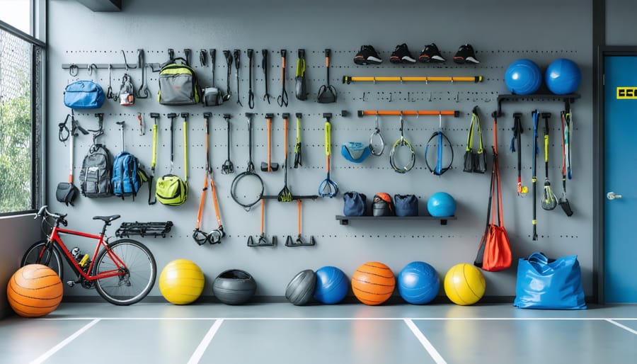 Well-organized garage sports zone showing efficient storage solutions for various equipment