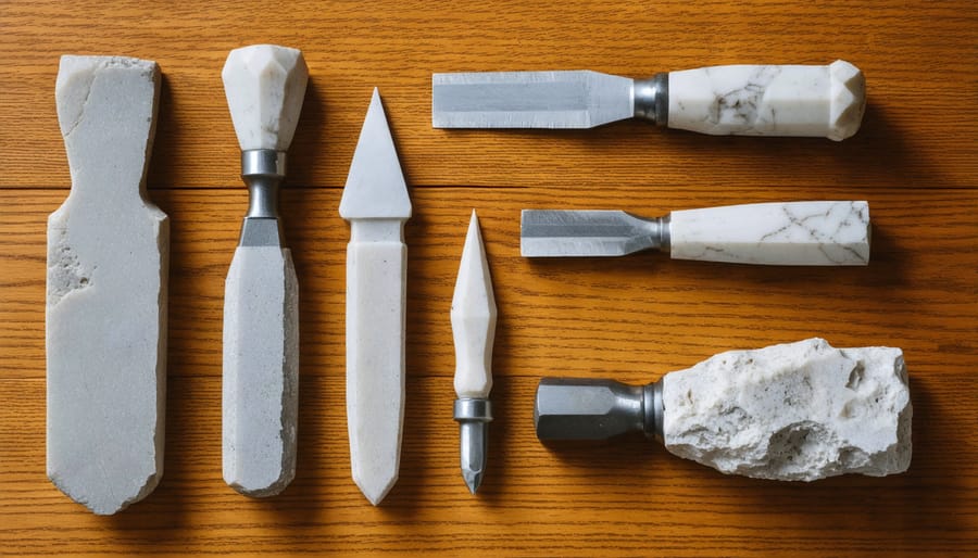 Various stone carving chisels and points arranged in order of size, showing different tip shapes