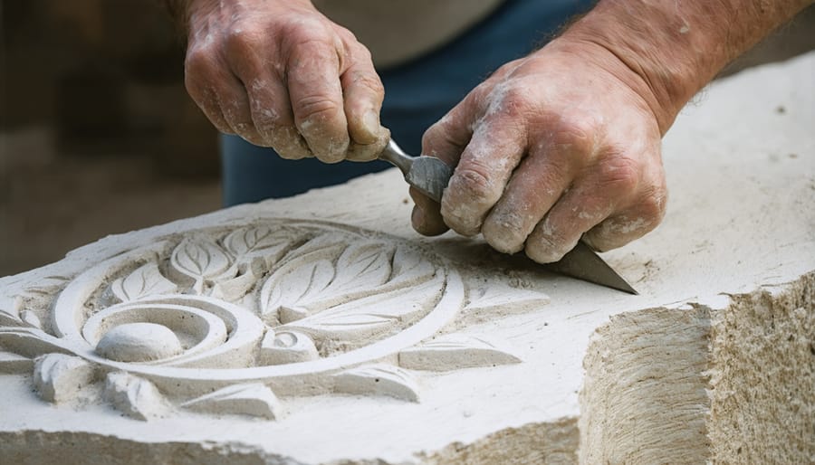 Craftsperson demonstrating the use of rasps and rifflers on a carved stone surface