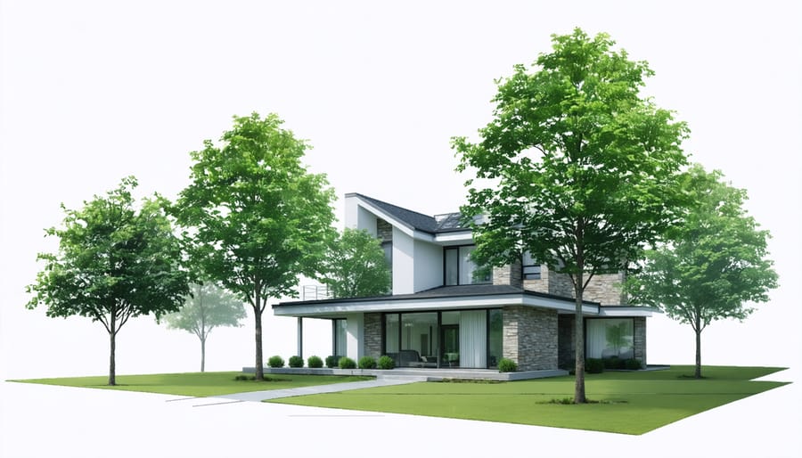 Diagram showing how properly placed trees can shade and cool a house