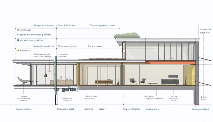 Architectural diagram showing how a sunspace connects to living areas with thermal mass elements and air circulation