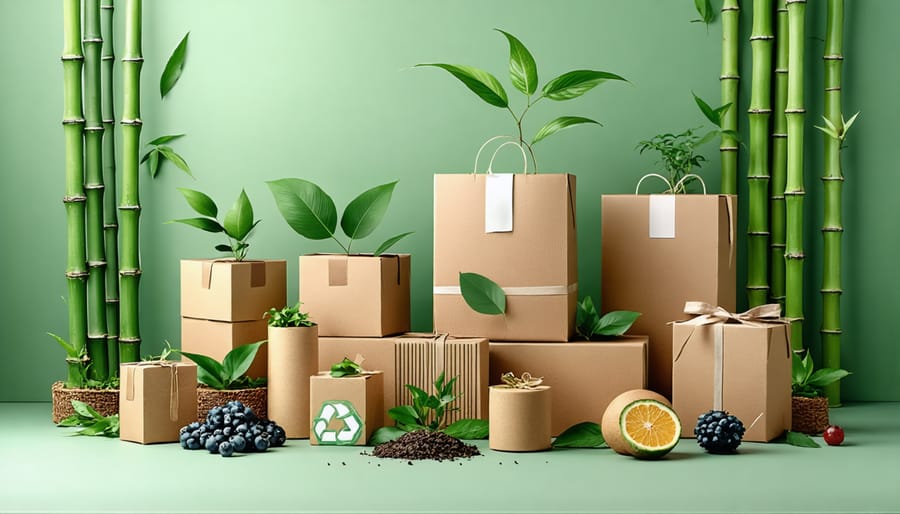 Display of eco-friendly packaging materials including bamboo containers, recycled paper boxes, and biodegradable packaging alternatives
