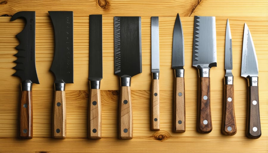 Traditional Japanese woodworking tools arranged on a wooden workbench