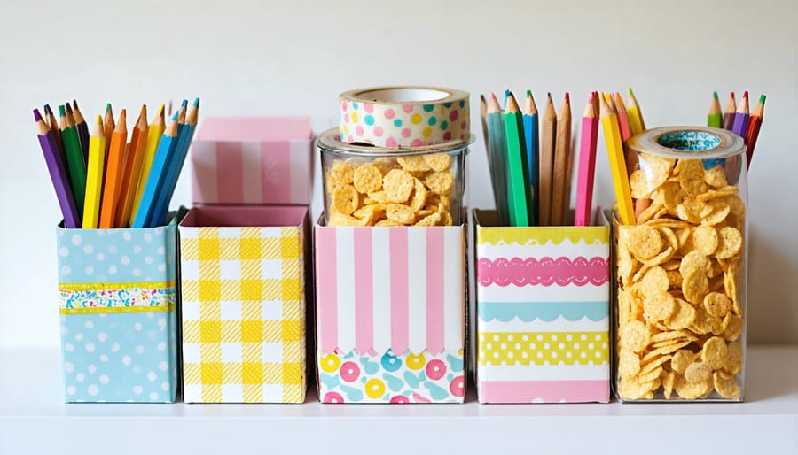 Colorful desktop organizers created from upcycled cereal boxes holding papers and office supplies