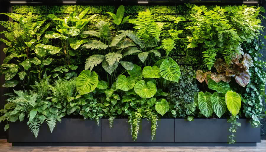 Vibrant living wall with diverse plant species arranged in a modern vertical garden system