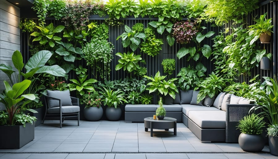 Living wall system featuring diverse plant species on residential exterior wall