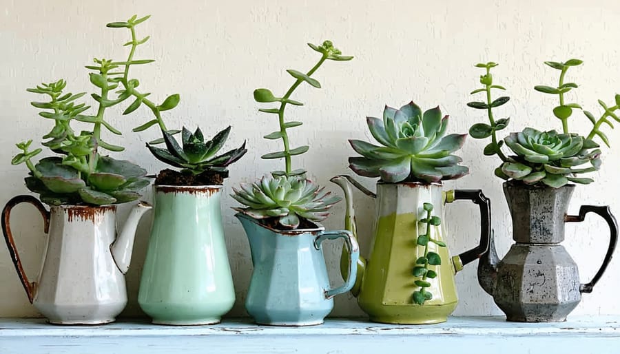 Antique teapots and coffee containers transformed into charming plant holders with green plants spilling over the edges