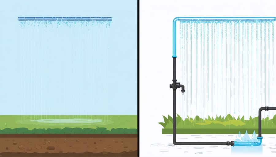 Side-by-side comparison showing water-efficient drip irrigation next to traditional sprinklers