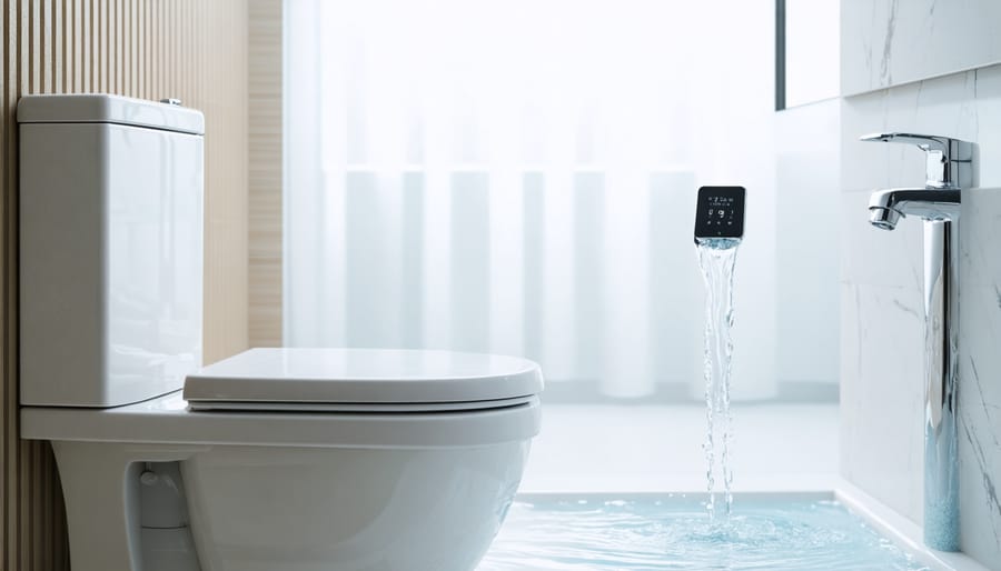 Water-efficient bathroom fixtures including low-flow faucet and dual-flush toilet