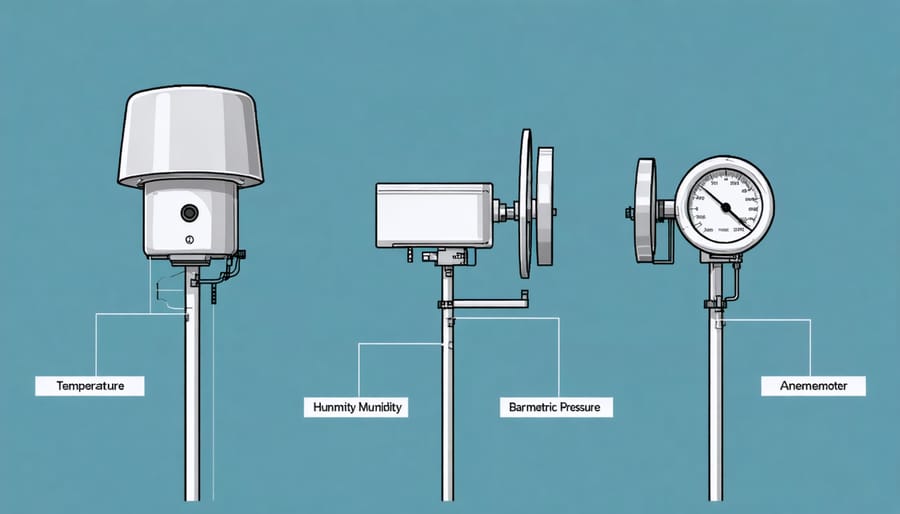 Detailed diagram showing the three main components of a weather station: temperature/humidity sensor, barometric pressure sensor, and anemometer