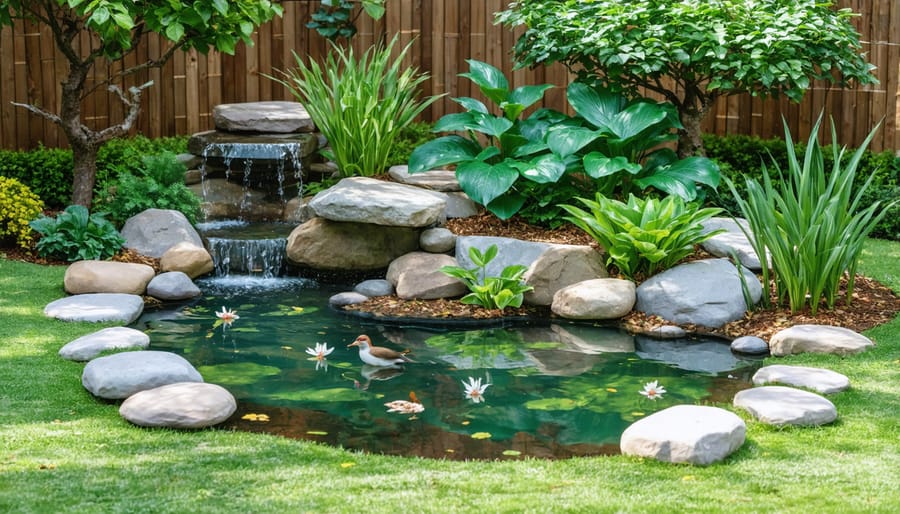 Natural garden pond featuring native aquatic plants and stones, with birds drinking at the edge