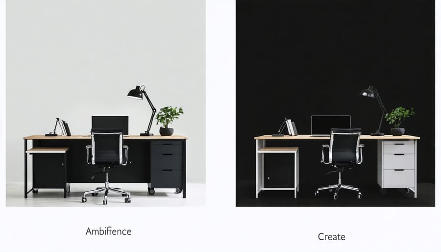 Comparison of dark versus naturally lit home office spaces