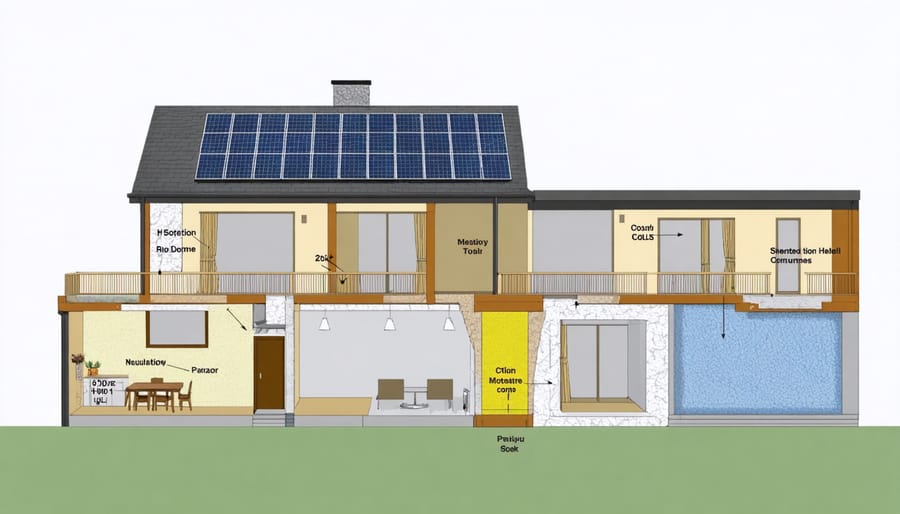Technical illustration of zero energy home construction with labeled components for passive solar and insulation