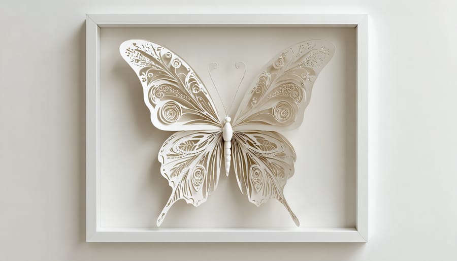 White 3D paper butterfly artwork displayed in a modern shadow box frame