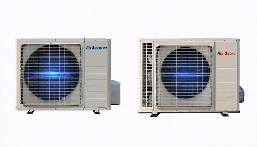 Air source heat pump system showing external compressor unit and indoor air handling unit