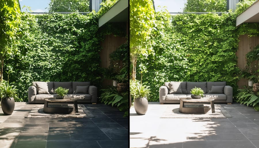 Side-by-side comparison of actual garden space and its augmented reality design overlay