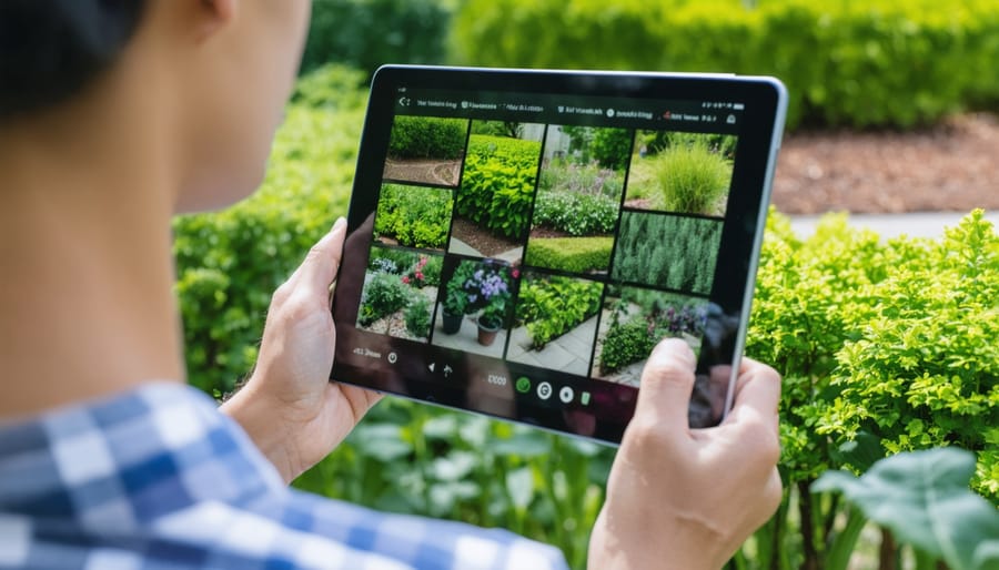 Gardener using AR app on tablet to preview plant selections in their garden