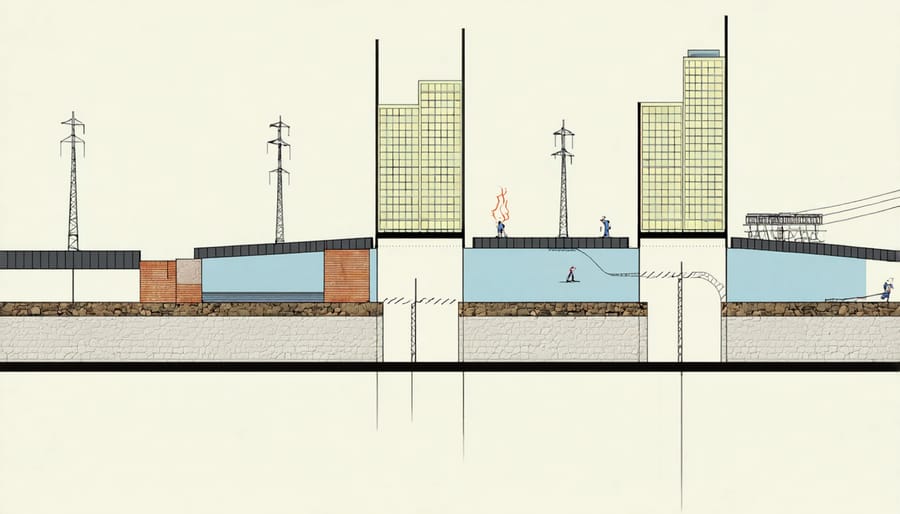 Technical illustration showing components of a base isolation system with building movement during seismic activity