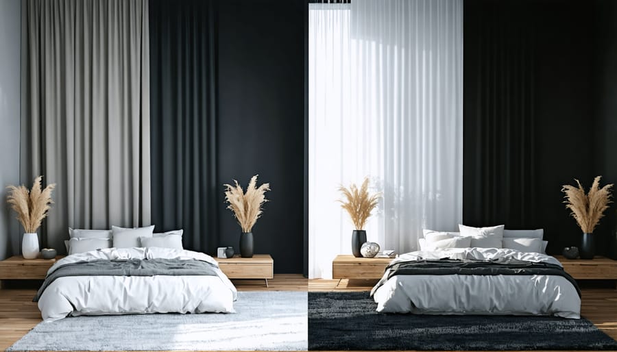 Before and after comparison of a bedroom with and without light control measures