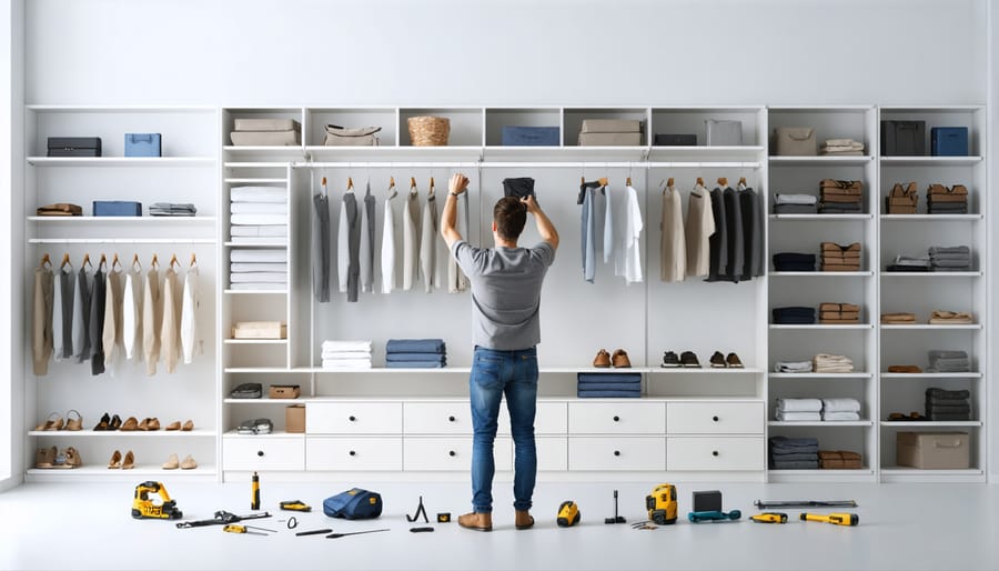 DIY closet installation showing necessary tools and materials